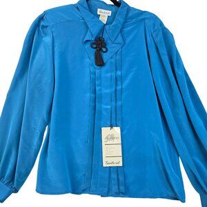80s Gaylord Pleated Blouse 16 Blue Tassel Feminine Romantic Flowy Whimsical New